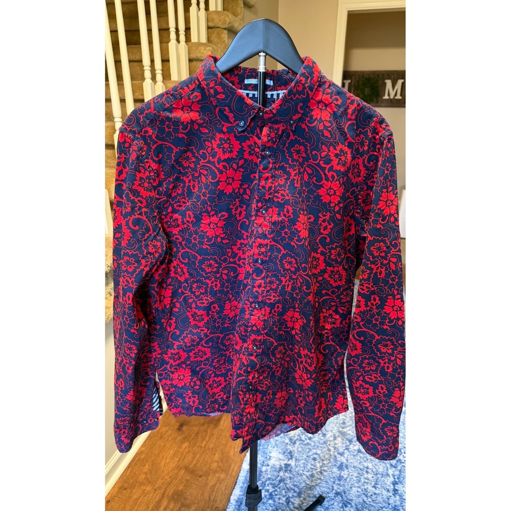 Denim & Flower Ricky Singh Mens Large Red Navy Floral Damask Button Down Shirt
